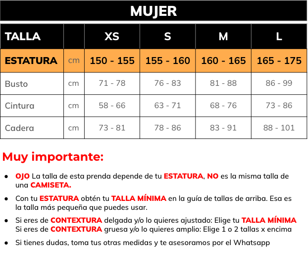 Guía de tallas de Enterizos Zentai para Mujer